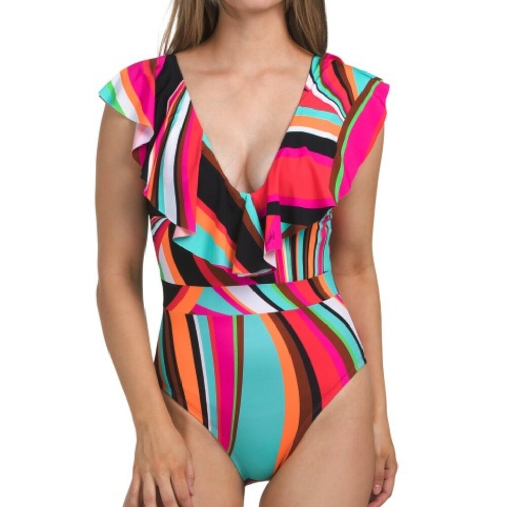NWT Trina Turk Swoop Ruffle Over The Shoulder One Piece Swimsuit 10